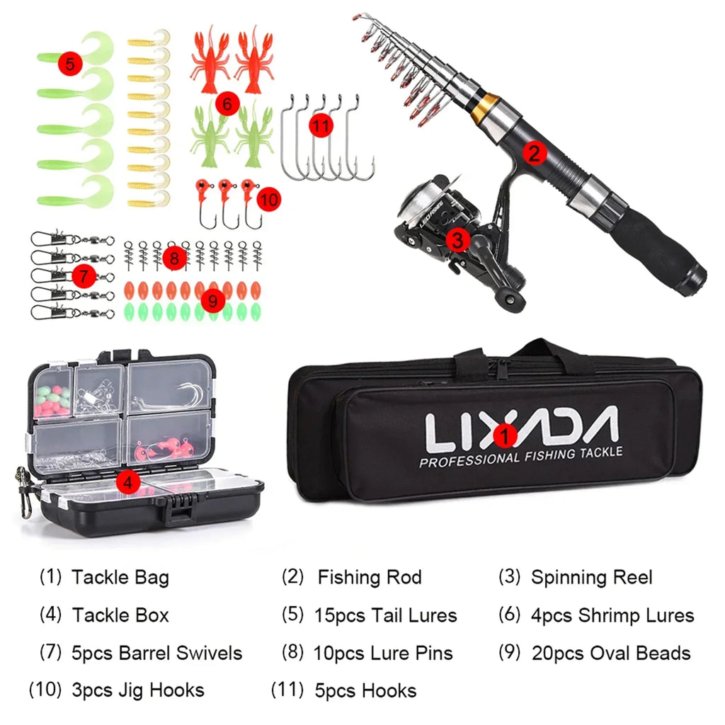 2.1m / 2.3m Telescopic Fishing Rod & Reel Combo Full Kit Black