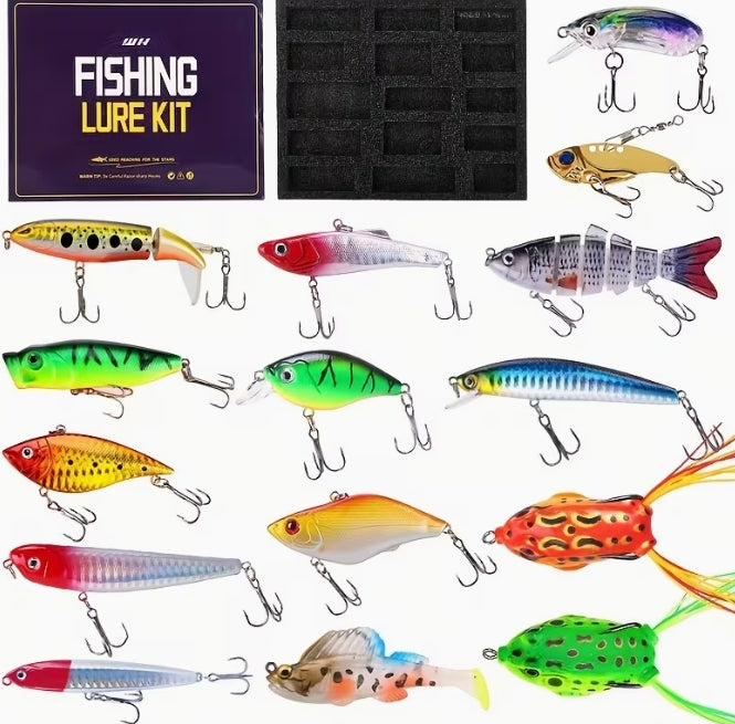 15pcs WEIHE Fishing Lure Gift Box Set A, Hard Bait VIB Popper Multi-Jointed Fish.